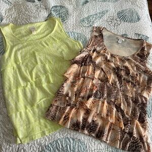 Lot of 2 Chico’s ruffled lined tank tops size 2 brown and lemon lime
